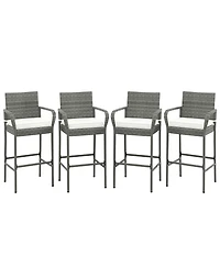 Gymax Set of 4 Rattan Patio Bar Stools Outdoor Bar Height Chairs with Cushions