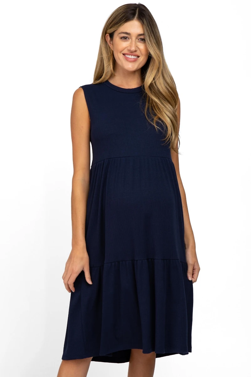 Pinkblush Maternity Navy Ribbed Sleeveless Midi Dress