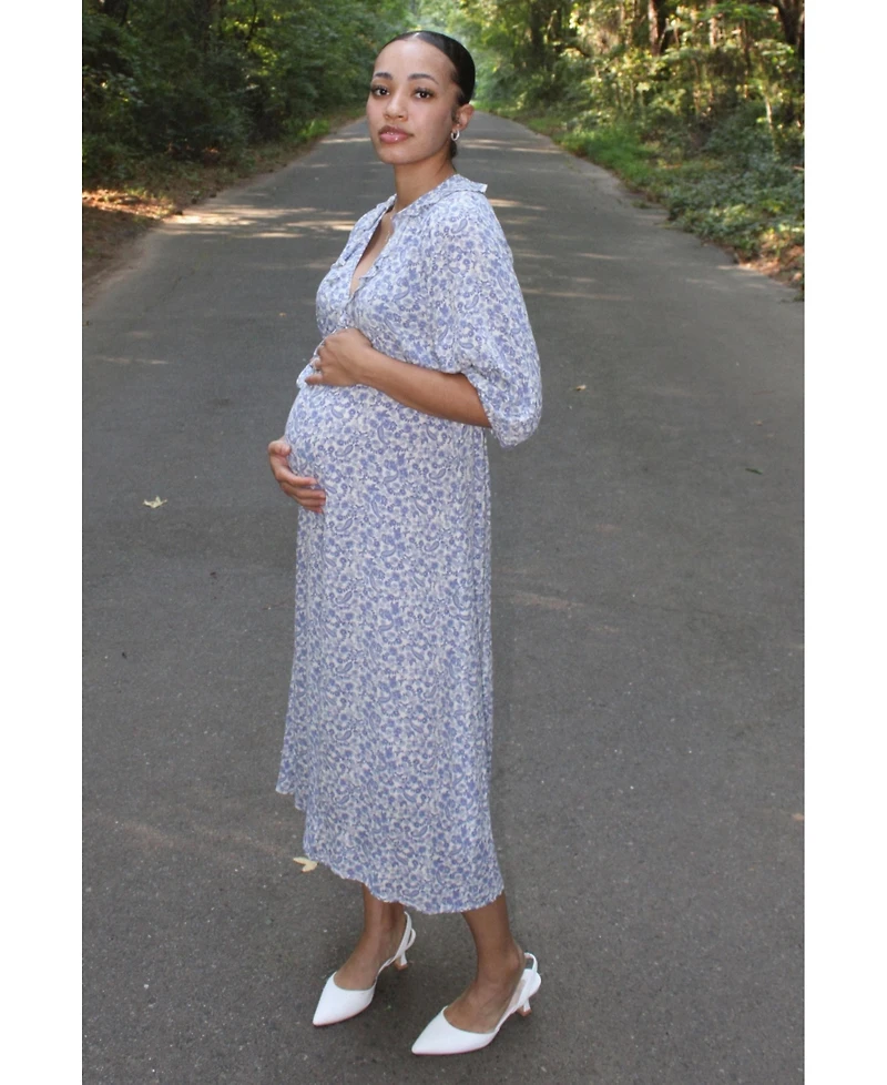Pinkblush Maternity Blue Floral Ruffle V-Neck Midi Dress