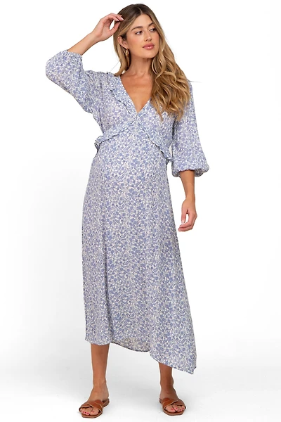 Pinkblush Maternity Blue Floral Ruffle V-Neck Midi Dress