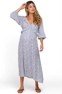 Pinkblush Maternity Blue Floral Ruffle V-Neck Midi Dress