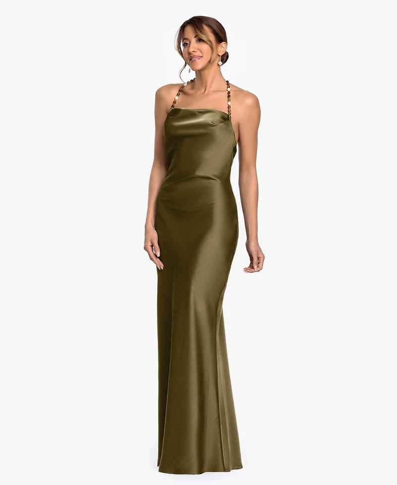 Betsy & Adam Women's Cowl Neck Beaded Straps Column Gown