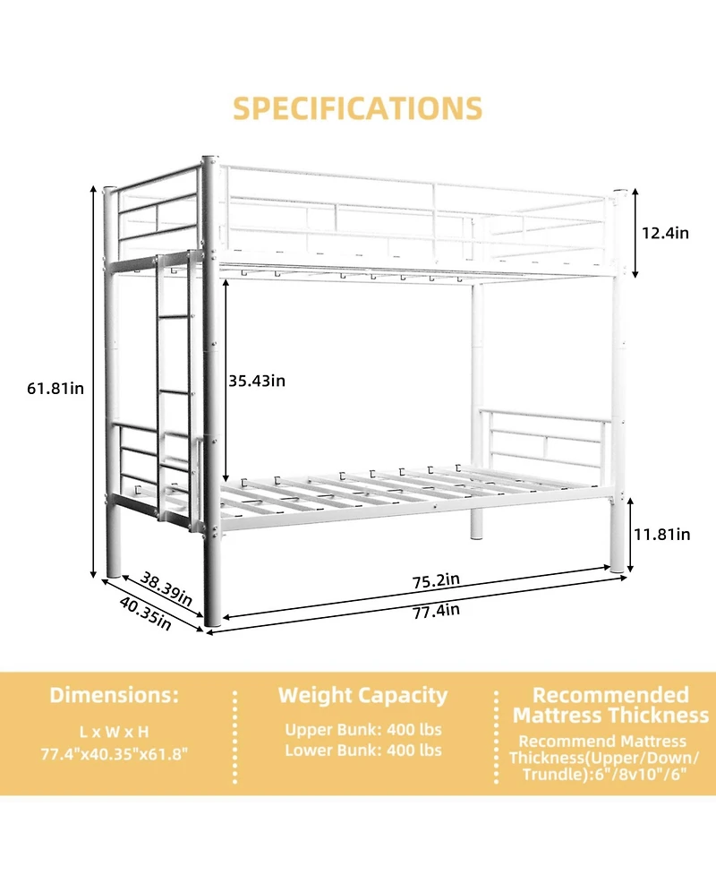 Rainsken Metal Bunk Bed Twin Over Twin, Structure Bedframe, with Ladder and Full-Length Guardrail, Noise Free, No Spring Box Required