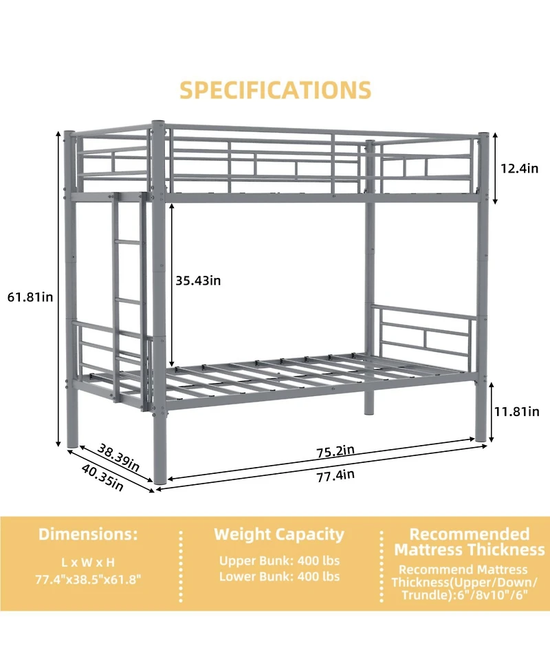 Rainsken Metal Bunk Bed Twin Over Twin, Structure Bedframe, with Ladder and Full-Length Guardrail, Noise Free, No Spring Box Required