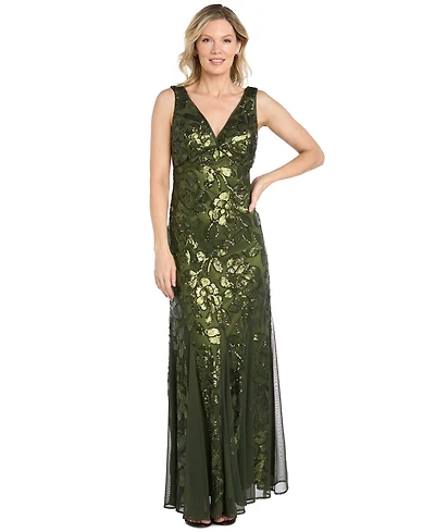 R & M Richards Women's Long Floral Sequin Beaded Dress