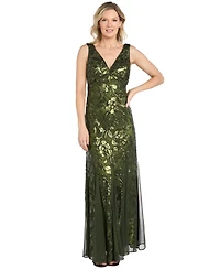 R & M Richards Women's Long Floral Sequin Beaded Dress