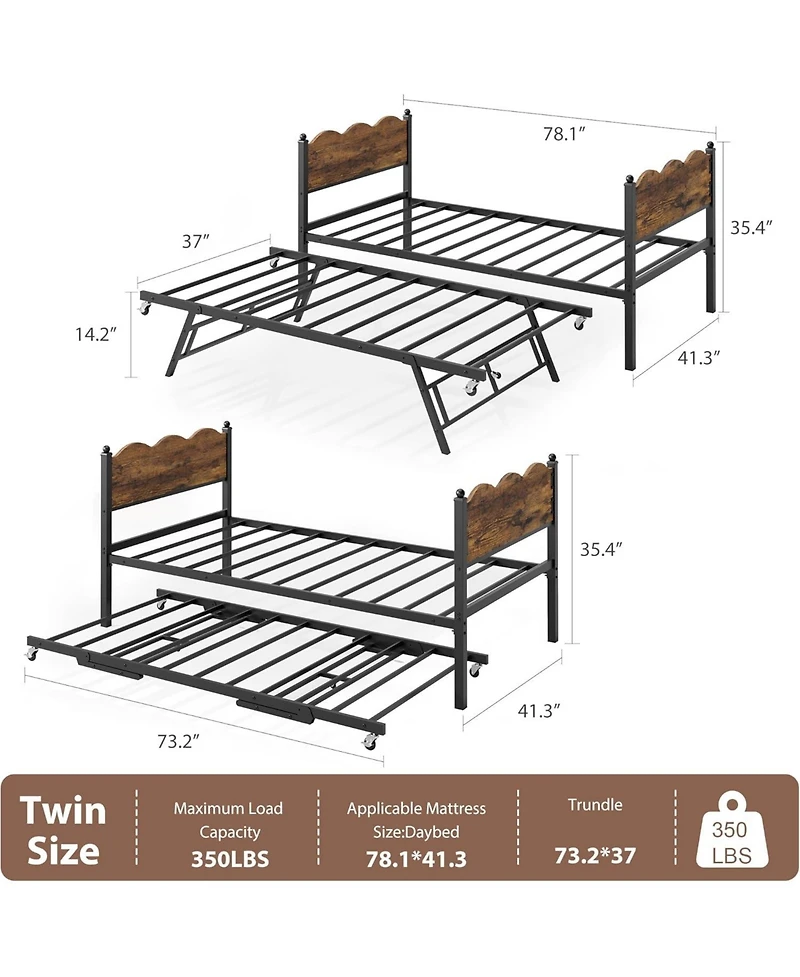 gaomon Daybed with Trundle, Day Bed Metal Slat Support & Lockable Casters, Wavy Headboard Wood Grain, Space-Saving Sofa