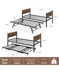 gaomon Daybed with Trundle, Day Bed Metal Slat Support & Lockable Casters, Wavy Headboard Wood Grain, Space-Saving Sofa