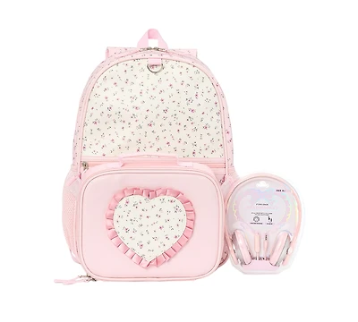 Rainbow Sugar Girls' Floral Love Backpack, Lunch Bag and Headphone, 3-Piece Set