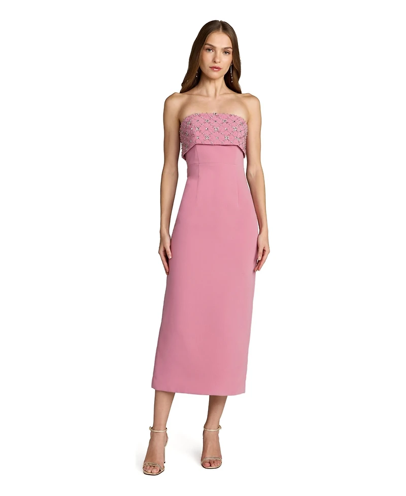 Mac Duggal Women's Strapless Crepe Midi Dress with Rhinestone Embellished Bodice