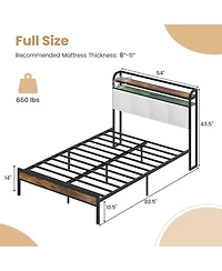 Gymax Full Size Bed Frame Led Light and Charging Station Heavy Duty Metal Platform Bed