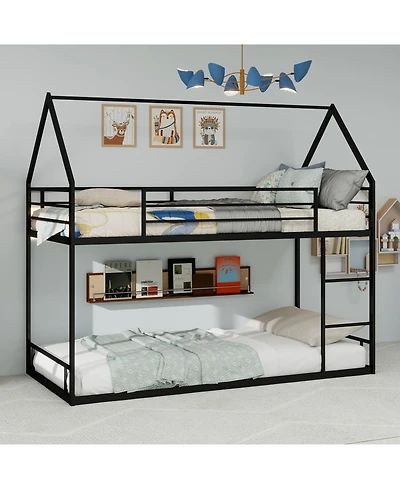 Rainsken Metal Bunk Bed for Kids Twin Over Twin, House Shaped, with Ladder and Full-Length Guardrail, Noise Free, No Spring Box Required