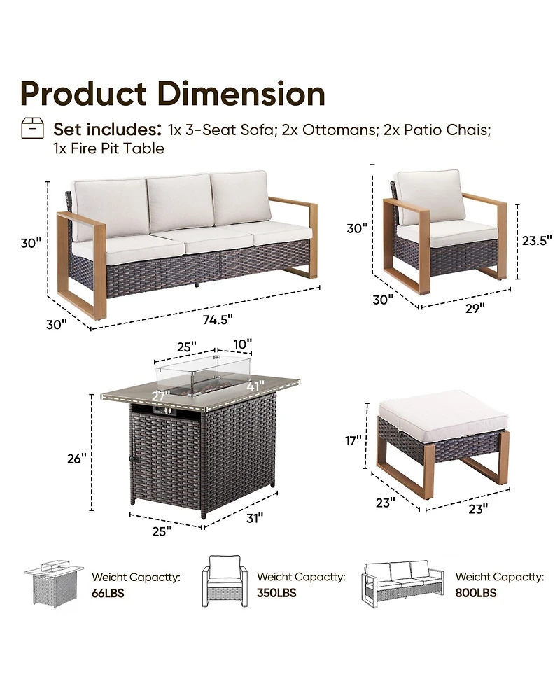 Pocassy Pieces Patio Furniture Set with Fire Pit Table, Conversation Wicker Chair Sofa Ottoman Rectangular Table