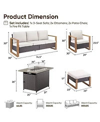 Pocassy Pieces Patio Furniture Set with Fire Pit Table, Conversation Wicker Chair Sofa Ottoman Rectangular Table