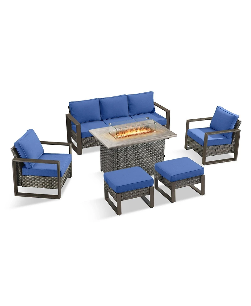 Pocassy Pieces Patio Furniture Set with Fire Pit Table, Conversation Wicker Chair Sofa Ottoman Rectangular Table