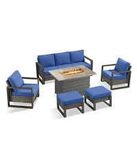 Pocassy Pieces Patio Furniture Set with Fire Pit Table, Conversation Wicker Chair Sofa Ottoman Rectangular Table