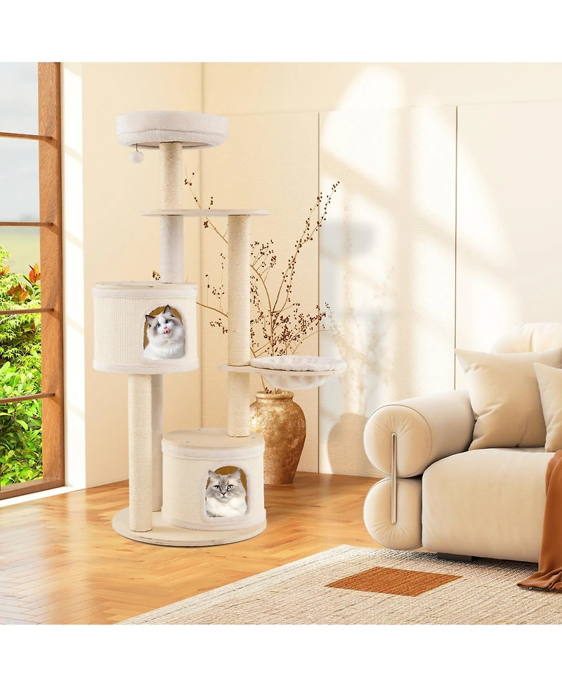 Gymax 60'' Tall Cat Tree Wooden Kitten Tower With Sisal Scratching Posts and Mat 2 Condos Perch Hammock