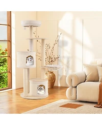 Gymax 60'' Tall Cat Tree Wooden Kitten Tower With Sisal Scratching Posts and Mat 2 Condos Perch Hammock