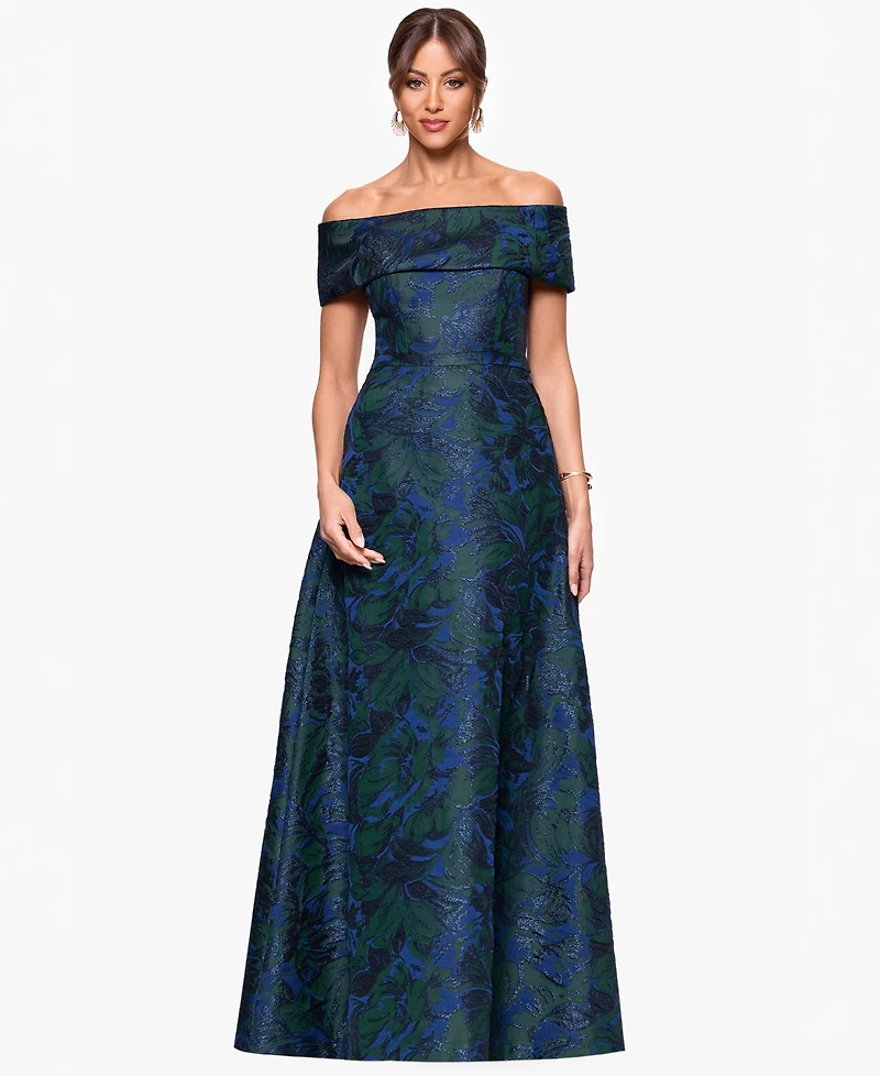 Xscape Petite Off-The-Shoulder Jacquard Ball Gown