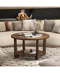 Gymax Round Coffee Table w/ 2-Tone Tabletop and Open Storage Shelf Wood Support Legs
