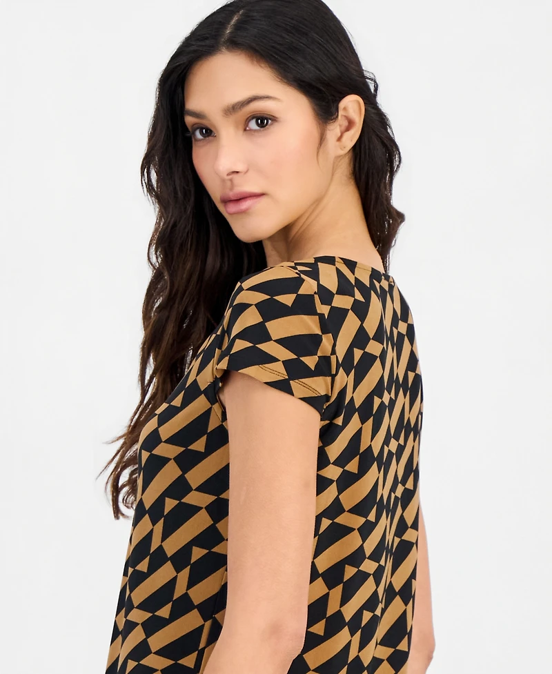 Anne Klein Essentials Petite Pleat Neck Keyhole Printed Blouse