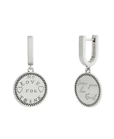 Coach Silver Runway My Love Coin Charm Huggie Earrings