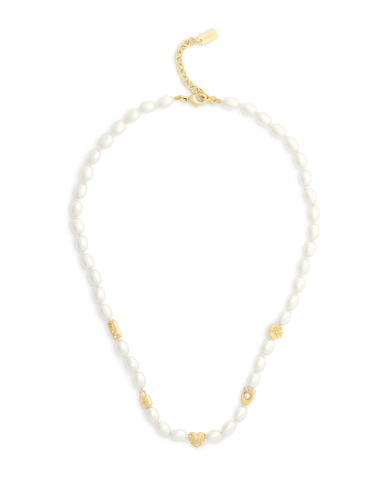 Coach Faux Imitation Pearl Iconic Signature Charm Strand Necklace