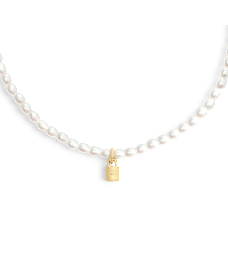 Coach Faux Imitation Pearl Iconic Signature Padlock Choker Necklace
