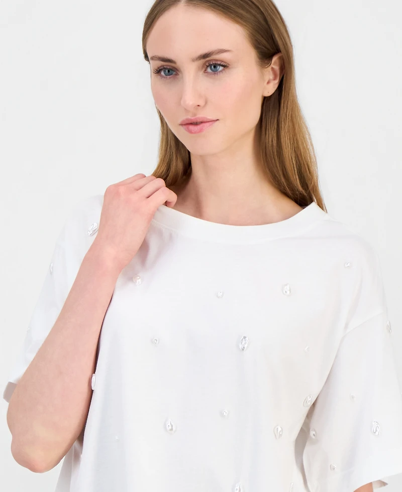 I.n.c. International Concepts Women's Imitation Pearl Embellished Short Sleeve T-Shirt, Macy's Exclusive