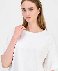 I.n.c. International Concepts Women's Imitation Pearl Embellished Short Sleeve T-Shirt, Macy's Exclusive