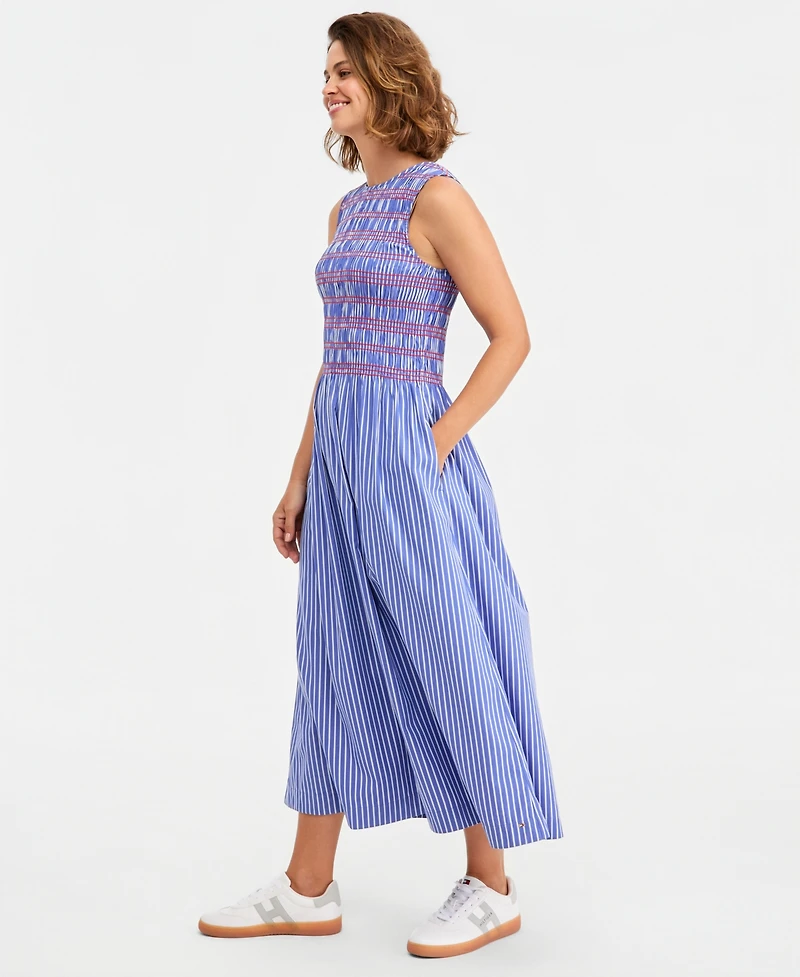 Tommy Hilfiger Women's Cotton Smocked Striped Maxi Dress