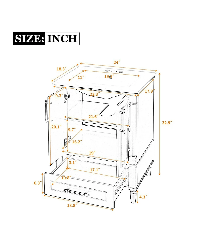 Sillysis 24 Inch Bathroom Vanity with Sink, Modern French Leg Cabinet, Adjustable Shelf and Soft Close Drawer for Small
