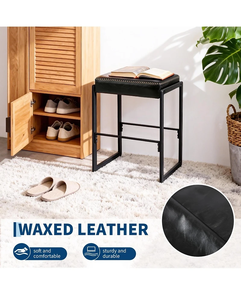 homfan Mid-Century Counter Height Bar Stool, Waxy Leather Upholstery with Decorative Stitching for Kitchen Island, Home Bar and Dining Room