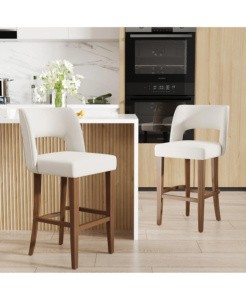 homfan Set of 4 Modern Upholstered Bar Stools, Ergonomic Seats with Backrest and Wooden Legs for Kitchen, Dining and Bar Areas