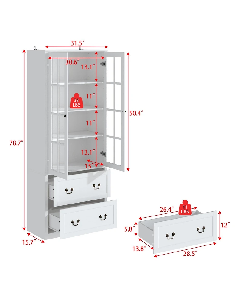 Homsee 80" Tall 2-Drawer 2-Door Storage Cabinet - Living Room Organizer | Floor to Ceiling Bookcase