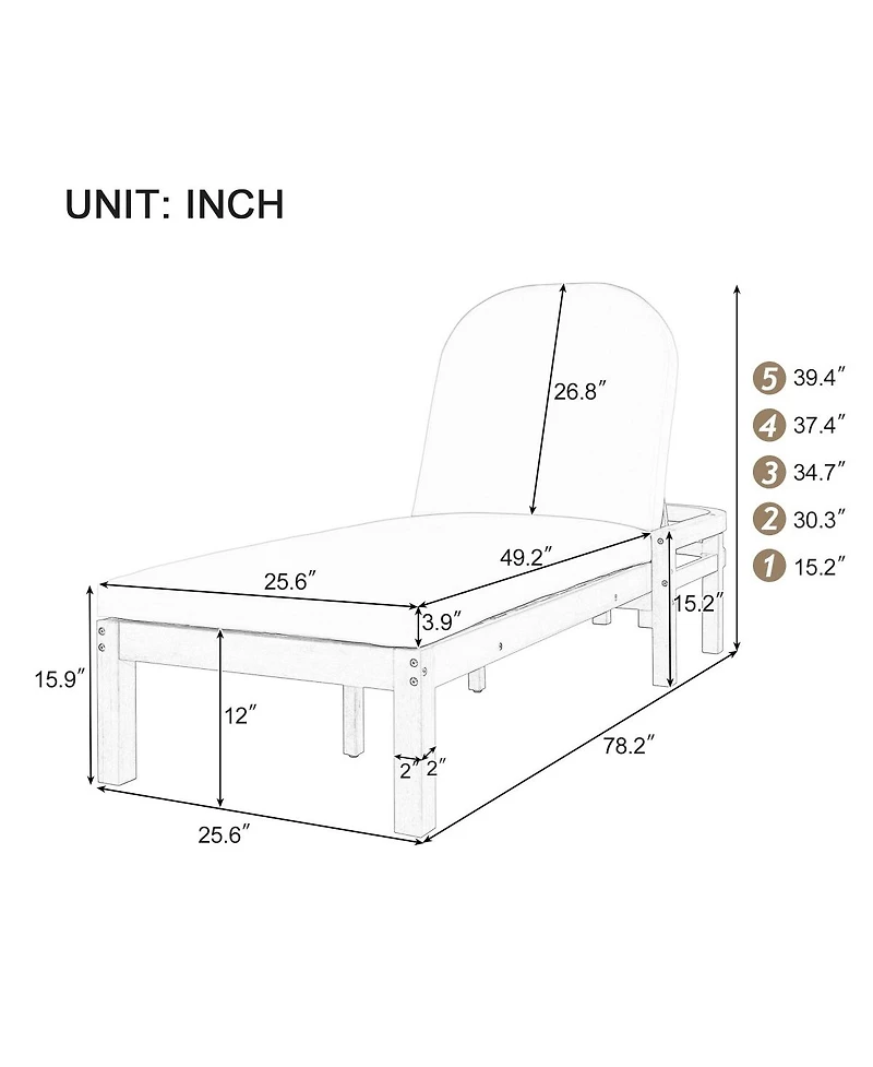 Asagikoiai Acacia Wood Outdoor Chaise Lounge, 5-Position Reclining Patio Chair with Cushion