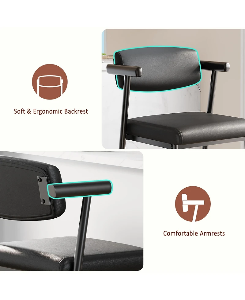 homfan Modern Counter Height Bar Stools with Armrests and Backrest, Metal Frame Footrest for Kitchen Island, Dining Room