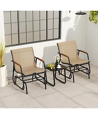 Gymax 3 Piece Outdoor Gliding Set w/ Tempered Glass Coffee Table Teak Wood Armrests