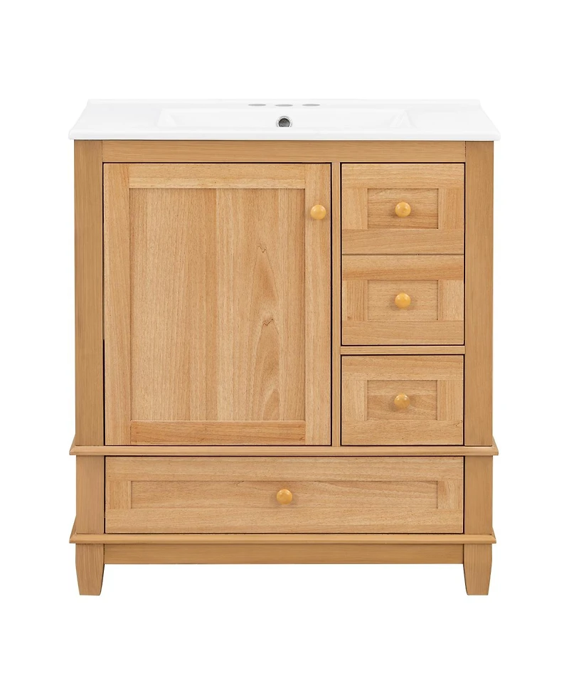 Sillysis Bathroom Vanity with Ceramic Sink, Wood Grain Solid Wood and Mdf Cabinet, Soft Close Drawers for Compact Bathroom