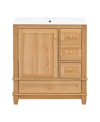 Sillysis Bathroom Vanity with Ceramic Sink, Wood Grain Solid Wood and Mdf Cabinet, Soft Close Drawers for Compact Bathroom