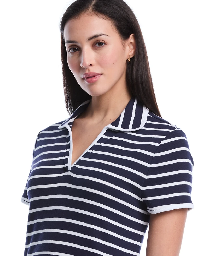 Rafaella Women's Petite Striped Contrast Trim Johnny Collar Short Sleeve Polo Shirt