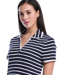 Rafaella Women's Petite Striped Contrast Trim Johnny Collar Short Sleeve Polo Shirt