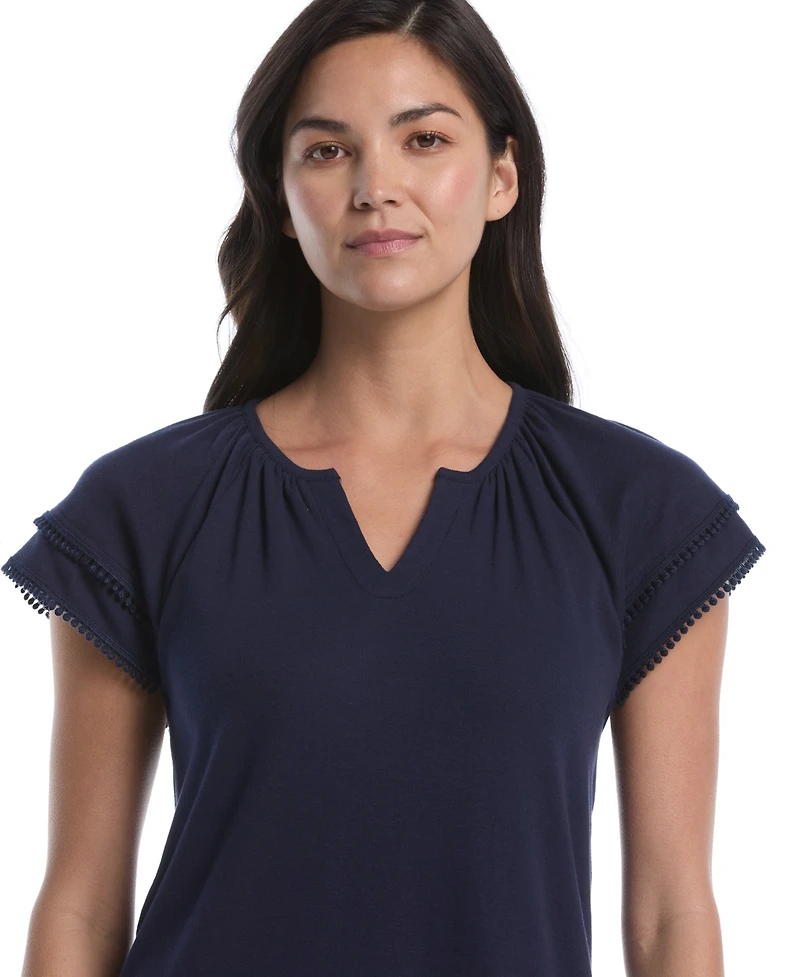 Rafaella Women's Petite Eyelet Flutter Sleeve Split Neck Short Top