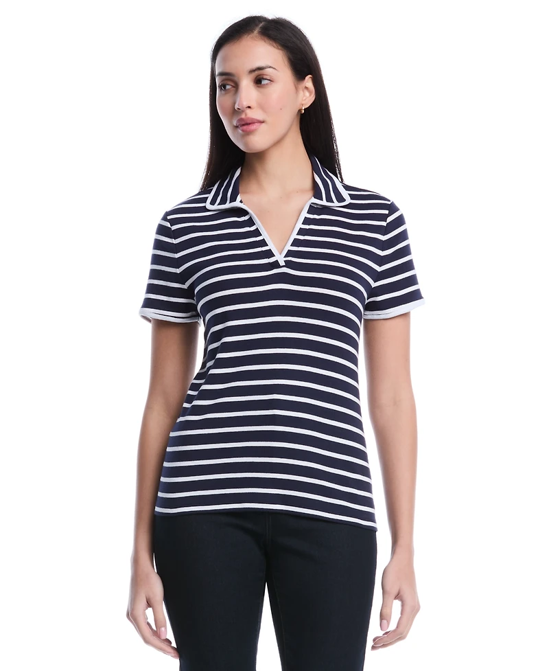 Rafaella Women's Petite Striped Contrast Trim Johnny Collar Short Sleeve Polo Shirt