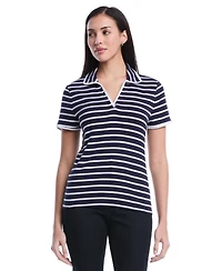Rafaella Women's Petite Striped Contrast Trim Johnny Collar Short Sleeve Polo Shirt
