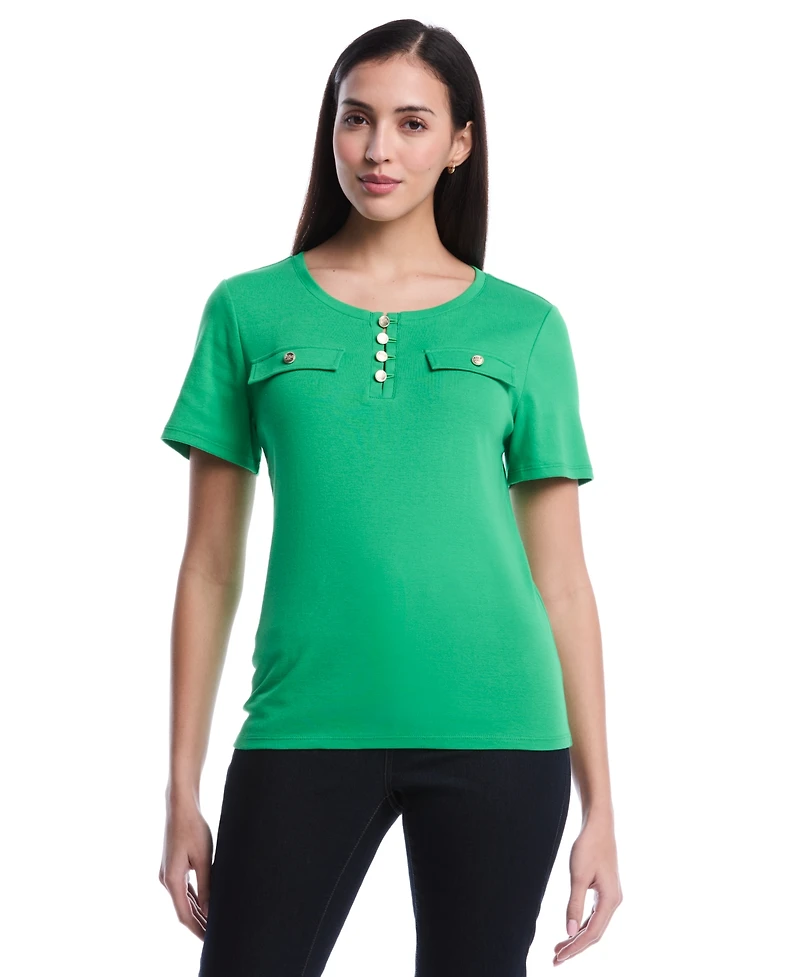 Rafaella Women's Petite Welt Pocket Button Detail Short Sleeve Top
