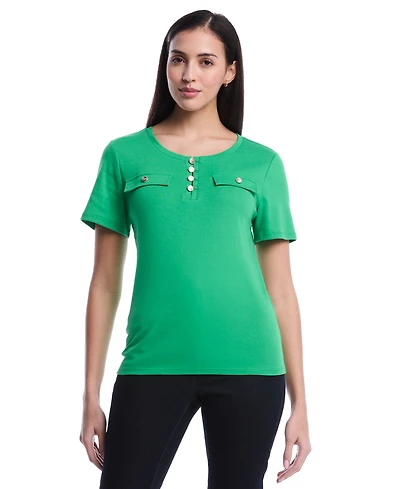 Rafaella Women's Petite Welt Pocket Button Detail Short Sleeve Top
