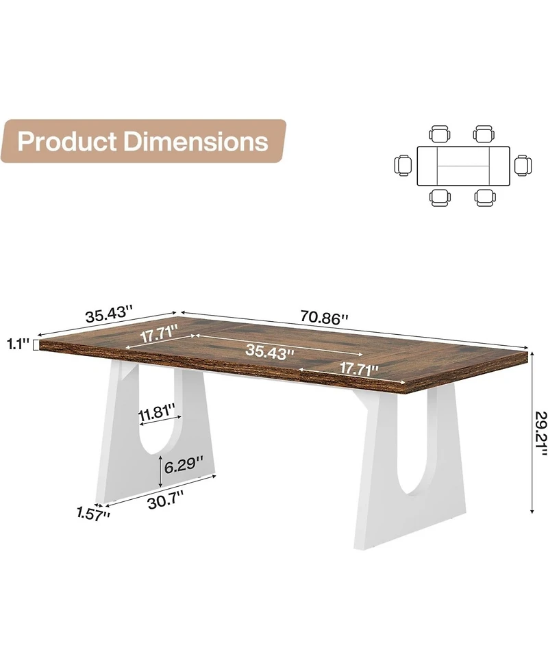 Tribesigns Dining Table for 6-8 People, 70.9-Inch Wood Rustic Rectangular Table with White Wooden Legs, Home Furniture