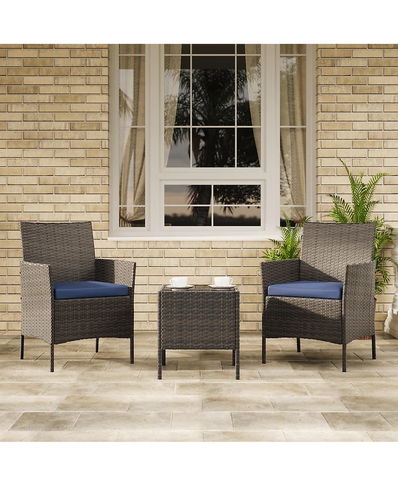 homfan 3-Piece Outdoor Patio Furniture Set with Rattan Wicker Chairs, Glass Top Table and Cushions, Perfect for Porch, Balcony, Backyard, Garden