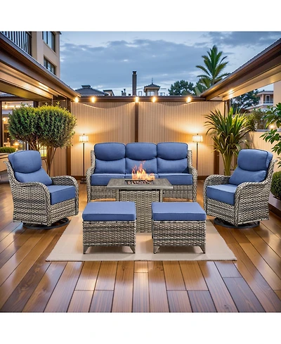Pocassy Patio Furniture Set with Fire Pit Table, Outdoor Conversation Sets, 6 Pieces 7 Seats Wicker Outside Sectional Sofa